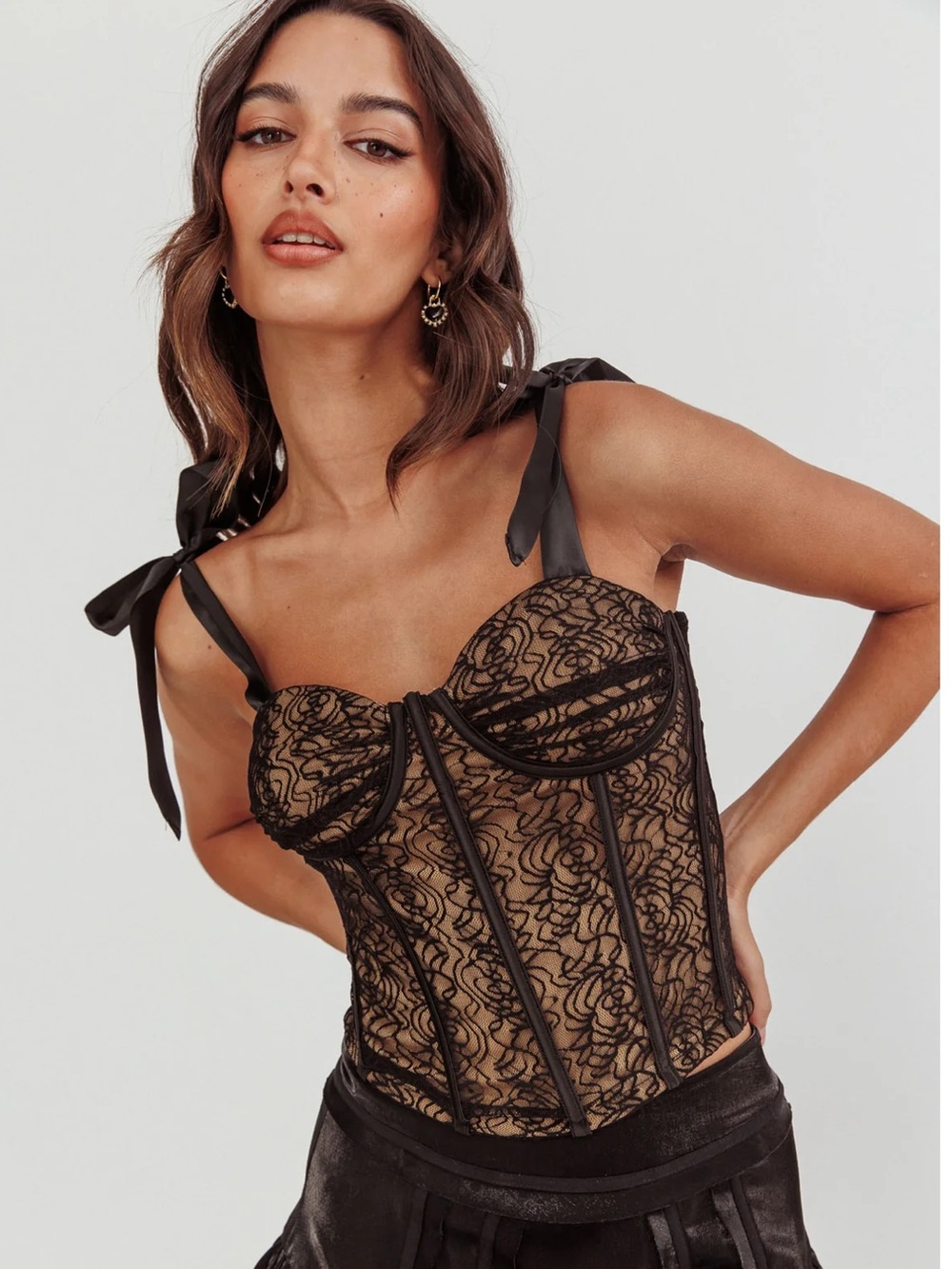 Black Lace Bustier with Satin Tie Straps